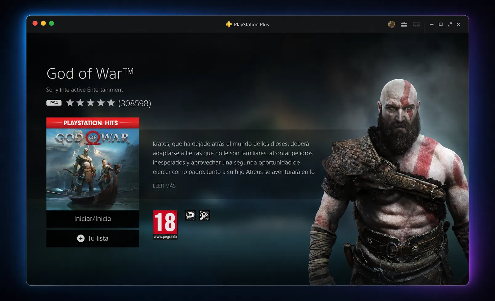 Catálogo de PlayStation Plus abierto en una ventana de Mac, con God of War y el botón Iniciar.